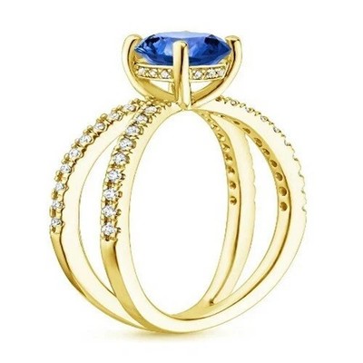 2.40 Ct Round Natural Sapphire Diamond Engagement Ring 14K Yellow Gold Solid