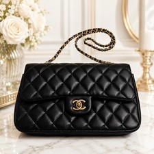 Black Quilted Chain Bag Gold Tone Shoulder Pu...