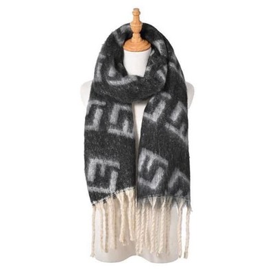 MULTI PATTERN TASSEL BLANKET SCARF-black And White-NWT