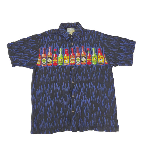 Vintage Big Dogs Hot Sauce Button Shirt Mens Large Black Rayon Flames Print Y2K