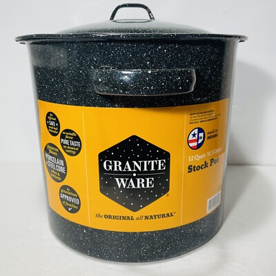 Granite-Ware Porcelain Plus Steel Core 12 Quart Stock Pot w Lid Black USA 6133