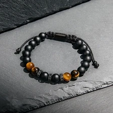 8mm Black Onyx & Tiger Eye Beaded Healing Protection Strength Men's Bracelet