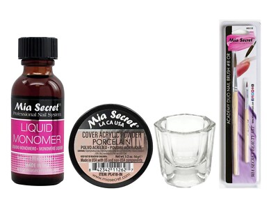 Mia Secret Monomer 1oz-Cover Porcelain Acrylic Powder 14g-Dappen Dish-8OR Brush