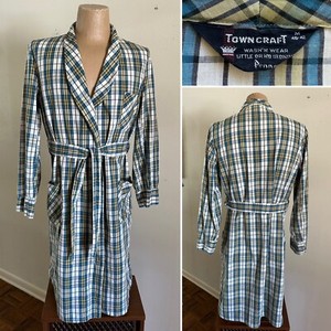 1960s PENNEYS TOWNCRAFT sz MEDIUM All Cotton Plaid ROBE Mens Lounge 60s Vtg