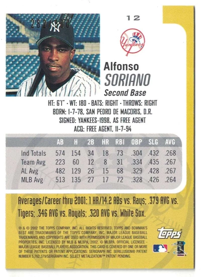 2002 Bowman's Best Blue #12 Alfonso Soriano New York Yankees #'d/300 - Image 2 of 2