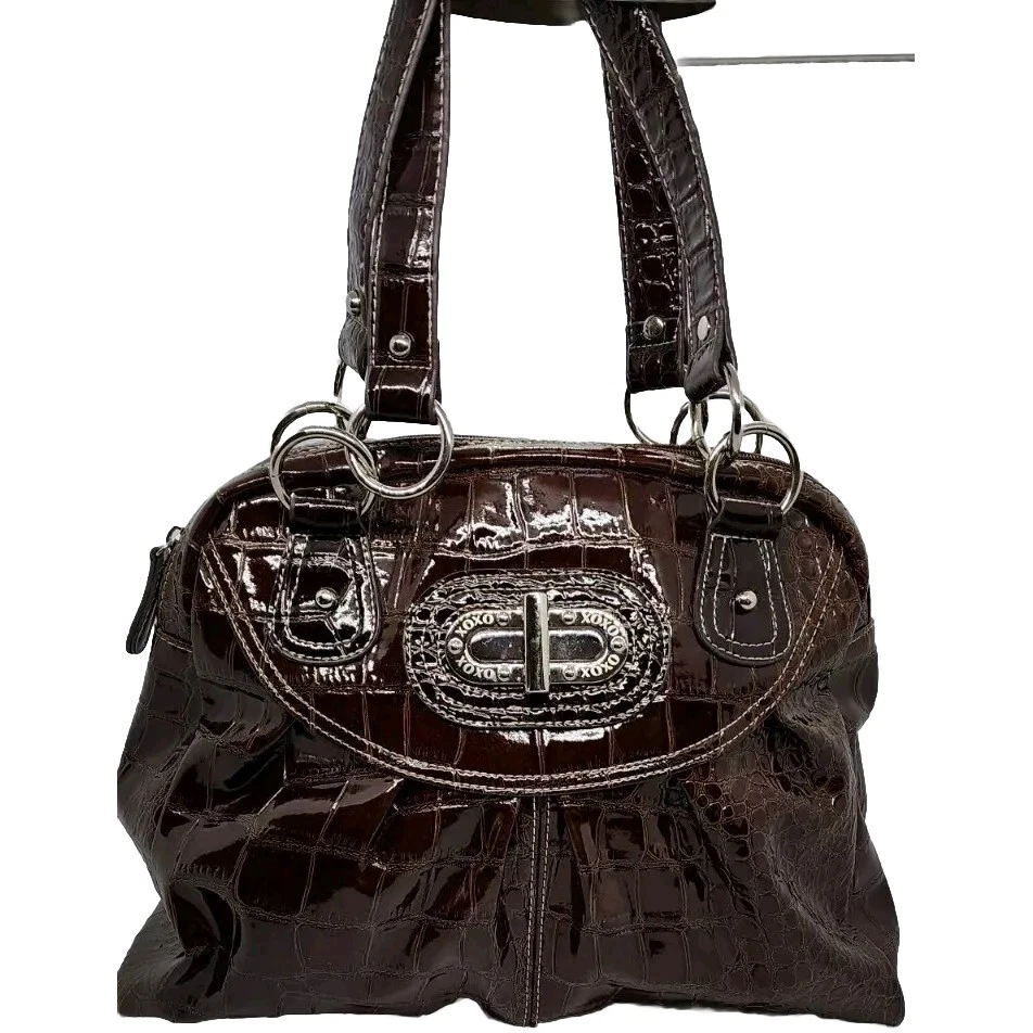 Brown PATENTED Leather Shiny Croc Purse Handbag O-ring Zipper Closure - Image 2 of 4