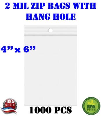 1000 - 4'' x 6'' Zip Seal Reclosable 2Mil Plastic Top Lock Bags Hang Hole Jewelry