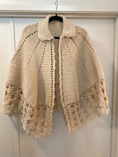 Vintage Crocheted Poncho Cape Cream Collar Hand Made Thick Weave Retro Yarn
