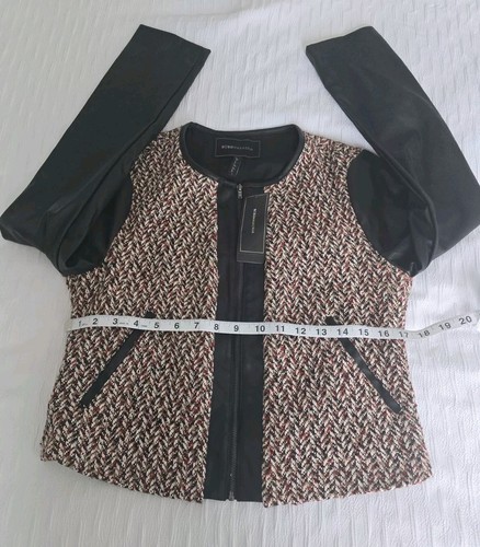 NWT BCBG MAXAZRIA Red, White, Black Tweed Faux Leather Zip Jacket Size Small - Picture 10 of 12