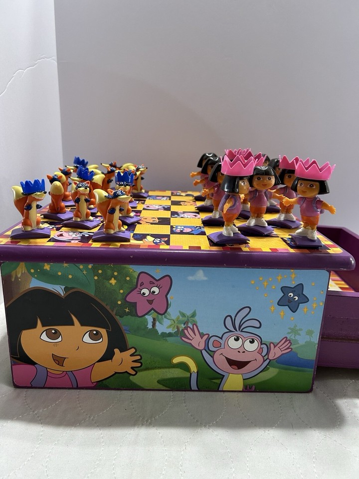 Vintage Dora The Explorer Complete Wooden Checkers Set With Chest Used ...