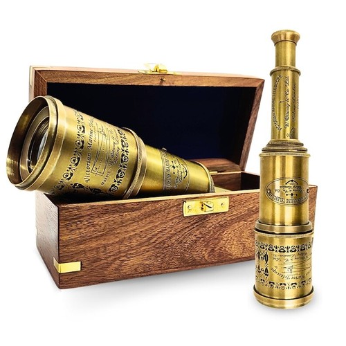 Telescopio de Latón con Caja de Madera Grabable Trabajo Piratas Espía para Senderismo