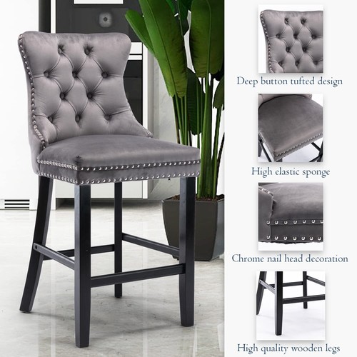 2X Velvet Bar Stools with Studs Trim Wooden Legs Tufted Dining Chairs Kitchen - Picture 27 of 66