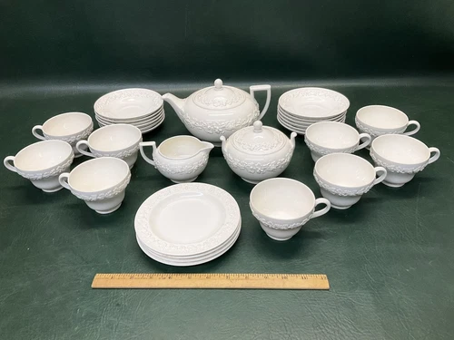 28 Pcs Wedgwood Queensware Embossed Cream on Cream Plain Edge Tea Set ~ Read
