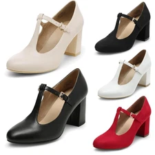 Women Mary Jane Pumps Low Chunky Heels T-Strap Wedding Dress Pump Shoes