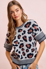 BiBi Two Tone Detail Leopard Knit Double Sleeves Top - large