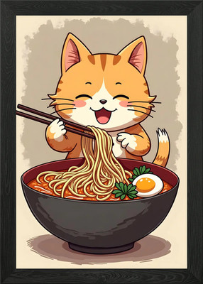 Cute Cat Eating Ramen Framed Wall Art Poster Canvas Print Picture