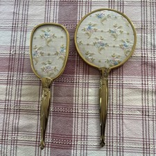 VTG Petit Point Embroidered Floral Hand Mirror & Brush Set Collectible Vanity