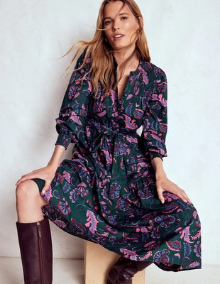 BODEN Neu mit Etikett Cecily Baumwoll-Midikleid - Emerald Night, Ornate Meadow - UK 12 L