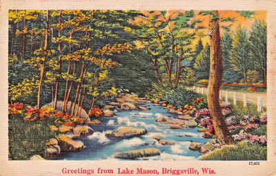 Briggsville postcard USA 1952 Greetings from Lake Mason Gewässer Bäume Leinen