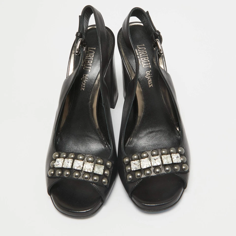 Zapatos de salón Loriblu de cuero negro adornado con cristal punta abierta talla 40 Foto 3 de 4