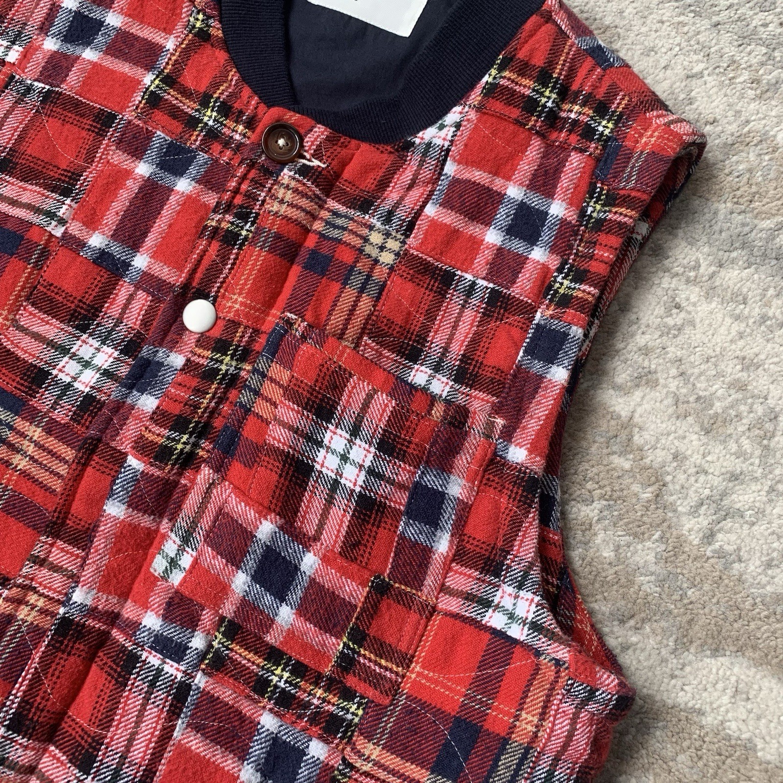 Universal Works Patchwork Vest Medium Red Navy Ch… - image 7