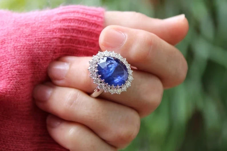 6.10Ct Oval Natural Sapphire &Diamond Solid 14k White Gold Proposal Wedding Ring - Image 4 of 4