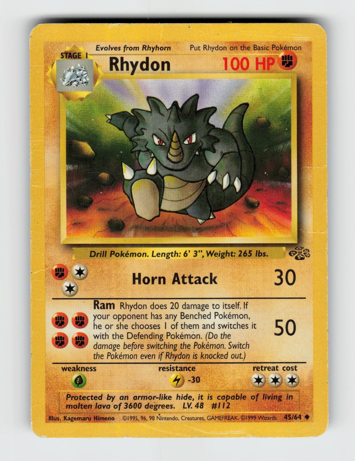 Rhydon 45/64 Unlimited Uncommon Jungle Pokemon 1999 Heavily Played