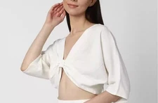 Forever 21 White Linen Knot Tie Bust Flowing Sleeves Crop Top