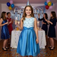 Teen Girls Dress 10/12 Blue Satin Bow Festive Wedding Holiday Party Dance Formal