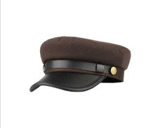 Unisex Fisherman Sailor Cap Brown Newsboy Hat Black Leather Strap Metal Button