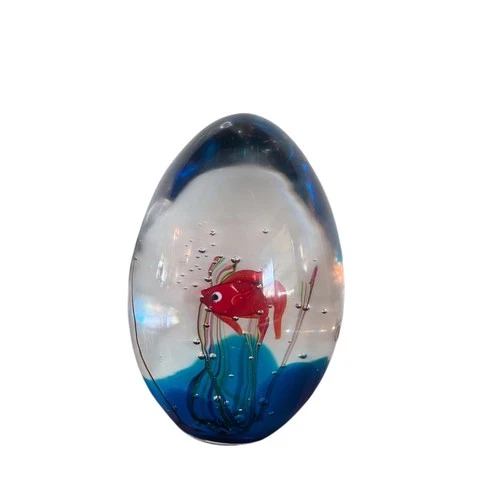 VTG Oggetti Italy Murano Art Glass Paperweight Fish Aquarium Signed Blue Bubble