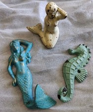 3 Cast Iron Nautical Decor Pcs. Mermaid And Seahorse Wall Hooks Sitting Mermaid