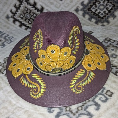 MEXICAN Artisan Hat Hand Painted Fedora Floral Sombrero Panama Bohemian Size M