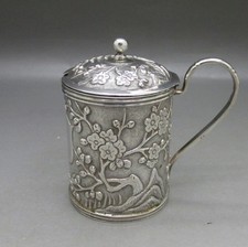 ANTIQUE CHINESE SOLID SILVER EMBOSSED LIDDED MUSTARD POT 80g WANG HING c1900