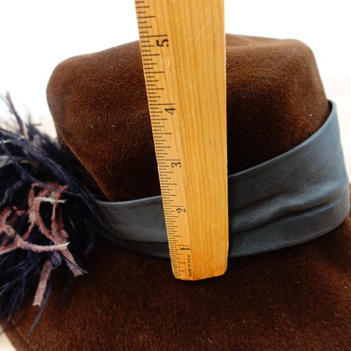 Vintage DEBORAH RHODES Hat Brown Leather Felt Feather Fascinator Bucket Cloche - Picture 6 of 11