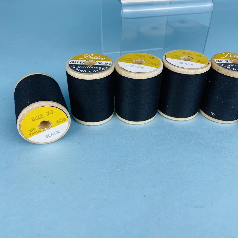 6 Bel Waxed Cotton Belding Corticelli Black Thread Wood Spools Sewing USA NOS - Image 3 of 4