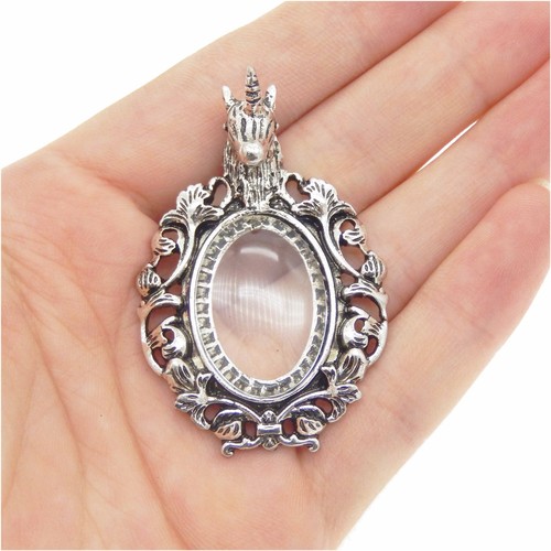 2 Stck. Vintage Silber Einhorn Design Einfassung Kamee Tablett Glas Cabochon Anhänger Charm - Bild 3 von 8