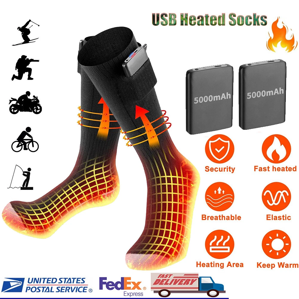 Washable Winter Electric Heated Socks Thermal Warm USB Rechargeable Battery USA