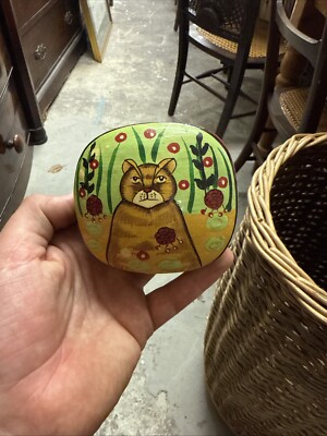 Vintage handbemalte Pappmaché Schmuckschatulle Andenken Kaschmir Ingwer Katze