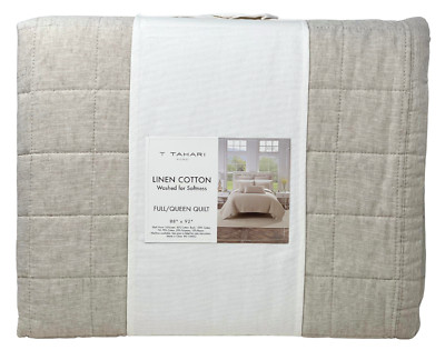 T TAHARI FULL / QUEEN Soft Washed LINEN & COTTON Blend Natural Beige Quilt NEW