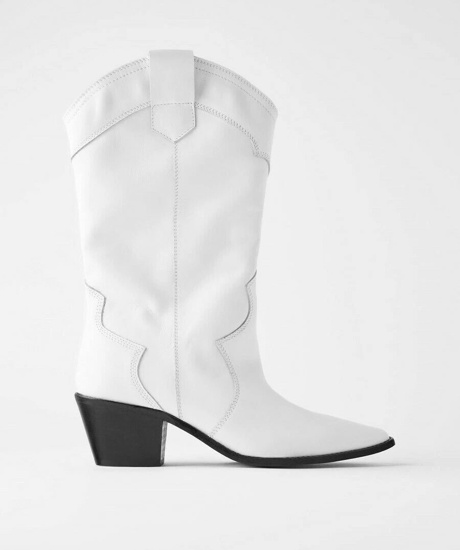 ZARA LEATHER COWBOY HEEL ANKLE WHITE REF.3106/510 eBay