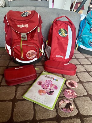 Ergobag Original Schulranzen Set 4-teilig Rücksack Mäppchen Rot + 8 Kletties