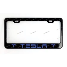 TESLA Blue Letters Custom Made Black Metal License Plate Frame Screw Caps