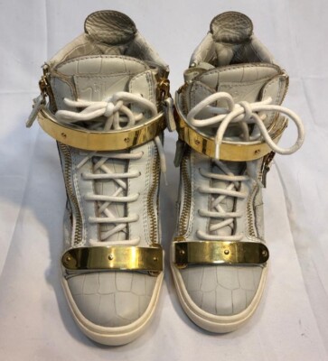Authentic Giuseppe Zanotti Womens Sneakers Wedges High Top Zip White Gold 