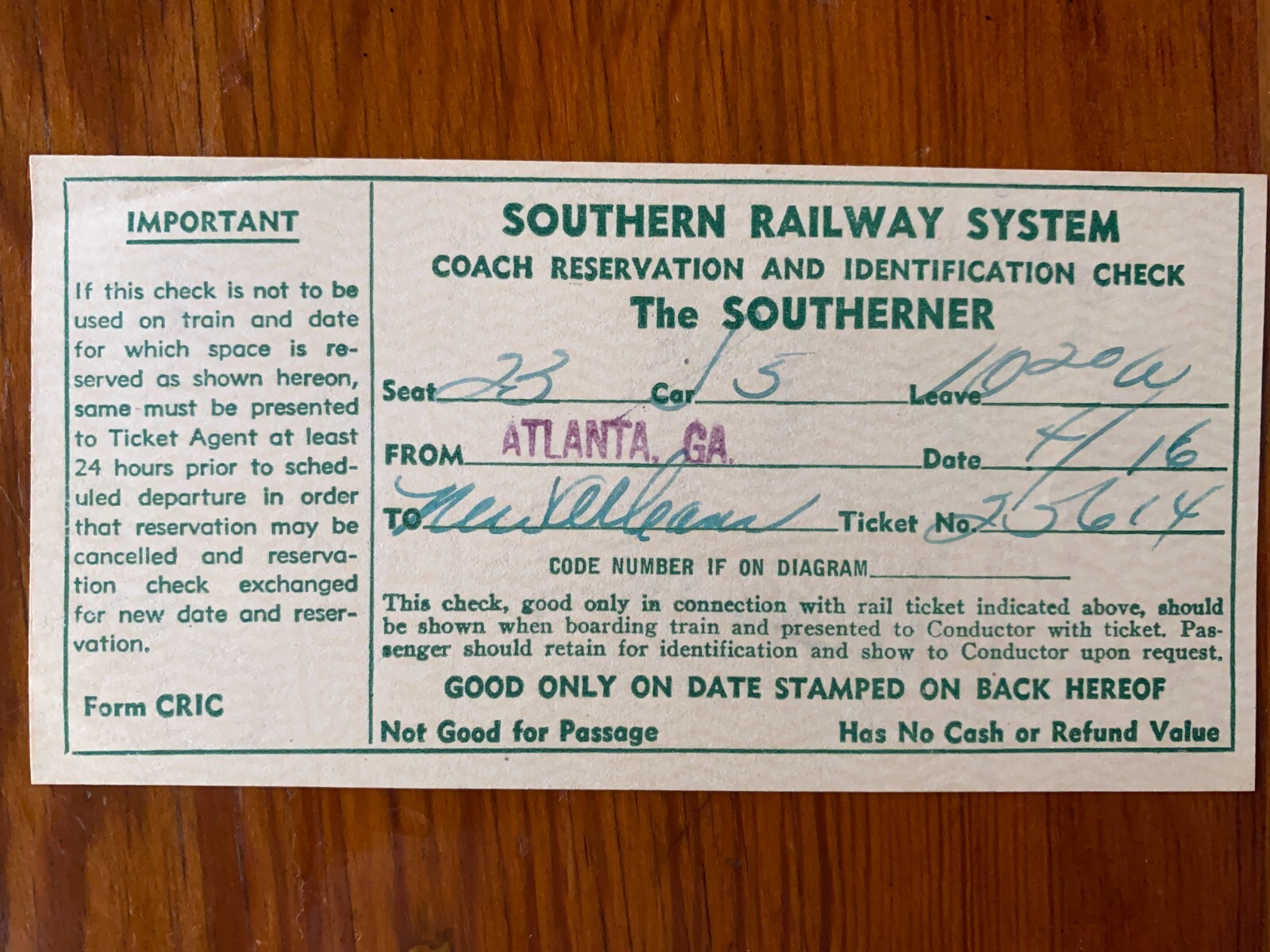 1946 Southern Railway Atlanta to New Orleans Coach Tickets 2 SOUTHERNER