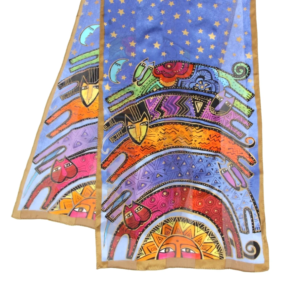 Laurel Burch Seda Gato Bufanda Una Vez en una Luna Azul Estrellas Celestiales Sol Oblongo Foto 2 de 2
