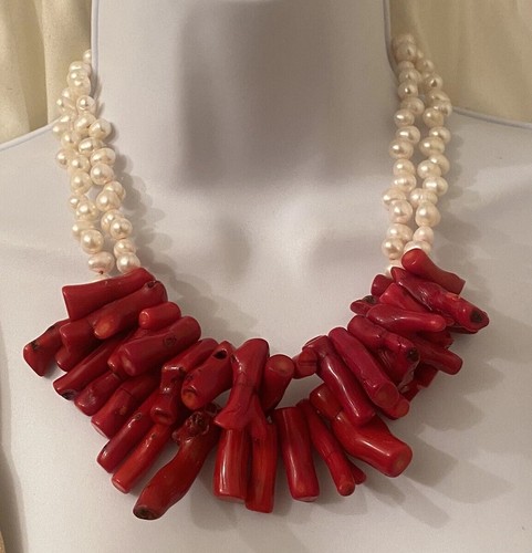 Baroque Pearl Large Red Branch Coral Double Strand Silver Statement Necklace - Picture 7 of 24