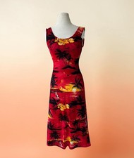 Vtg 90s Hilo Hattie Red Hawaiian Floral Knit Dress Sz L Fits OS Palm Beach Y2k