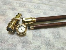 Vintage Brass Hidden Telescope With Clock Head Handle Wooden Walking Stick Cane