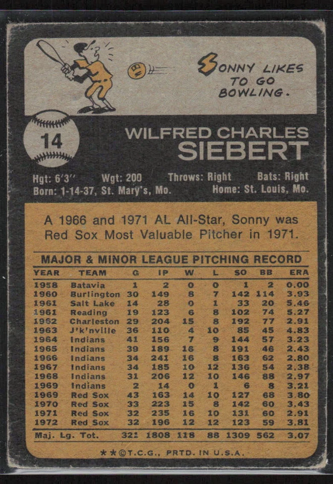1973 Topps #14 Sonny Siebert - $1 SHIPPING (JB4) - Image 2 of 2